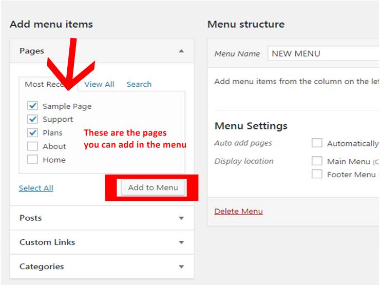 add pages to menu